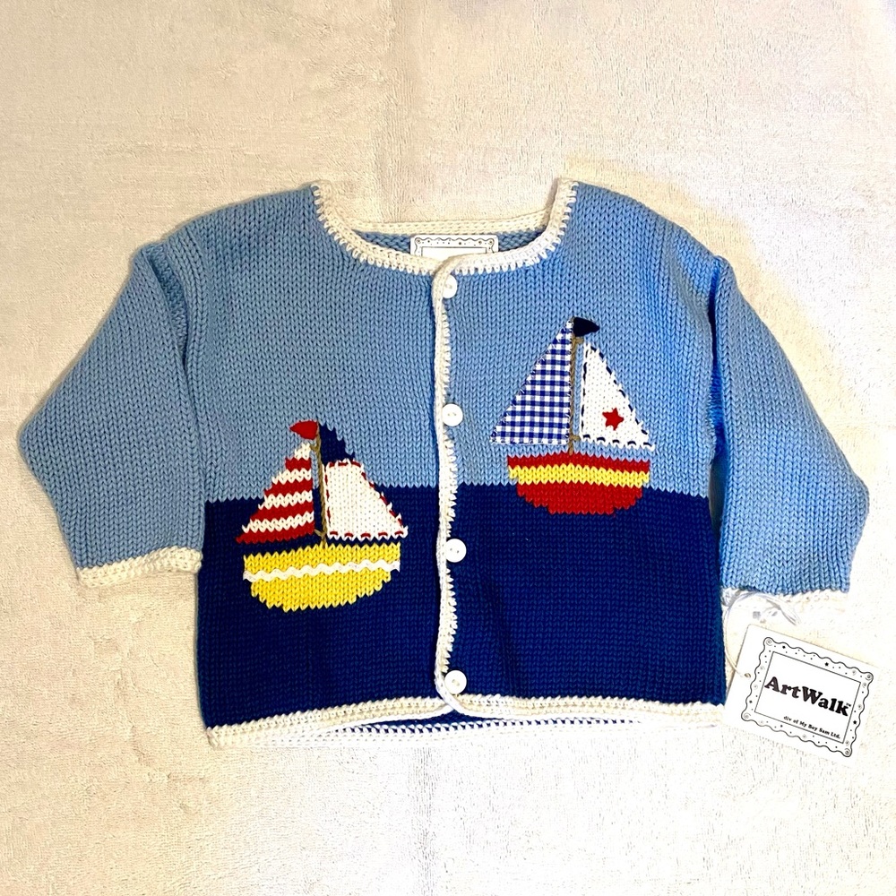 Art Walk Cotton Button Front Sweater, Sailboats, 24 months